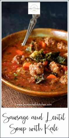 sausage and lentil soup with kale in a brown bowl on top of a table