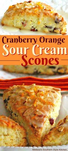 cranberry orange sour cream scones on a white plate with text overlay