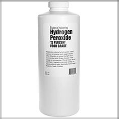 a bottle of hydrogen peroxide is shown on a white background with the label below it