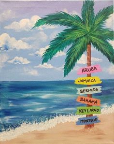 a painting of a palm tree on the beach with colorful signs pointing in different directions