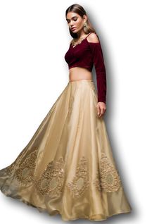 Opt for our glamorous choli sharara featuring maroon velvet with antique gold kora dabka neckline coordinated with gold organza sharara. It comes with melon pink net dupatta with sequins sprayed all over. Maroon Lehenga Choli, Lehenga Simple, Organza Sharara, Golden Lehenga, Maroon Lehenga, Gold Organza, Gold Lehenga, Wedding Outfits For Groom, Indian Wedding Fashion