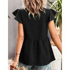 Black Hollow-out Button V Neck Sleeveless Tank Tops Black Sleeveless Blouse For Day Out, Black Sleeveless Blouse With Button Closure, Flutter Sleeve Blouse, Peplum Blouse, Peplum Hem, Small Waist, Sleeveless Tank Top, Women Tops, Front Design