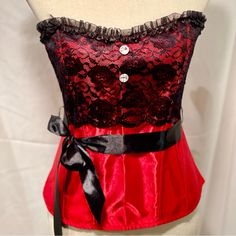 Corset Features A Wide Satin Ribbon Belt Attached At The Back Seam, Rhinestone Button Embellishment On The Bust, Black Floral Lace Overlay On The Top Half, Side Zipper Closure And A Satin Ribbon Lace-Up Back Without A Vanity Panel. Never Worn. Overbust Corset, Ribbon Belt, Lace Overlay, Satin Ribbon, Pretty Dresses, Lady In Red, Floral Lace, Black Floral, Side Zipper