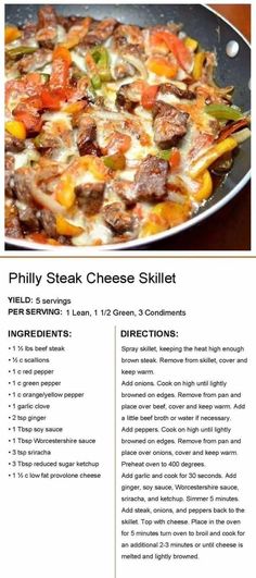 the recipe for phily steak cheese skillet is shown in this brochure