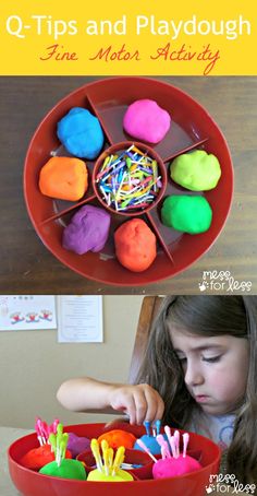 a girl playing with colorful playdoughs in a red bowl