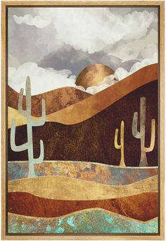 desert scene with cactus trees, mountains and clouds in the sky on a sunny day