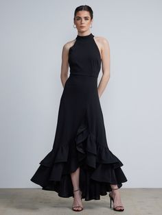 Ruffle Hem Halterneck Gown | New York & Company Minimal Beauty, Beautiful Evening Gowns, Black Canyon, Resort Vacation, Company Website, Maxi Styles, Beautiful Evening, New York And Company, Knee Dress