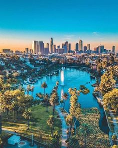 an aerial view of a city with palm trees in the foreground and a river running through it