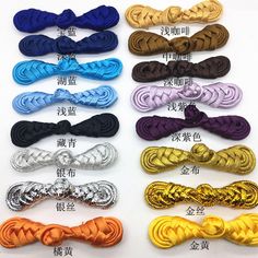 several different colors of hair ties in various styles and sizes, with the words written on them