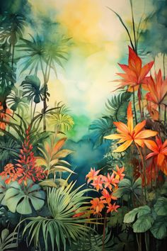 Watercolor jungle Jungle Flowers Painting, Tropical Scenery Painting, Tropical Rainforest Painting, Abstract Jungle Art, Jungle Painting Acrylic Easy, Jungle Watercolor Painting, Tropical Forest Illustration, Jungle Painting Acrylic, Jungle Art Painting