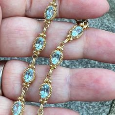 Beautiful Aquamarine Tennis Bracelet In Solid 10k Yellow Gold( Stamped And Also Tested). There Are 11 Oval Cut Stones, Each Stone Approx. 6x4 Mm In Size, Do Not Have A Total Carat Weight. The Bracelet Is 6.3 Grans, Approx. 7” Long. In Pristine Condition, Very Secure Lobster Lock. Sturdy, Well Made, Gorgeous Bracelet! Birthstone Colors, March Birthstone, Gorgeous Bracelet, March Birth Stone, Tennis Bracelet, Oval Cut, Womens Jewelry Bracelets, Aquamarine, Tennis