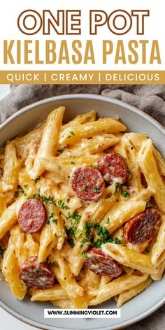 one pot kielbasa pasta in a white bowl