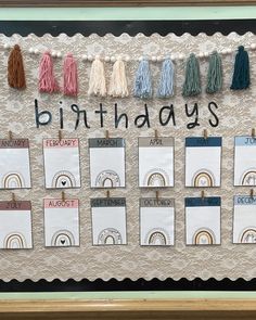 a bulletin board with tassels on it that says birthdays