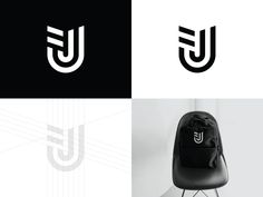 a black and white logo with the letter u in it's center, next to a chair