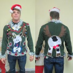 I make these to order.   Colors of sweaters and styles may vary, it may be a red sweater or it may be a green one. Wow!  Look it is a  Cowdeer Sweater.  Cow spotted rare reindeer on a  long sleeved sweater.   This even has jingle bells all over his antlers.    This sweater is especially tacky and ugly and is the perfect Ugly Christmas Sweater for your next party!  Reuse and Recycle!       My model Rico the reindeer wrangler wears a men's size medium, but he fit in it...  would fit womens size la Diy Ugly Christmas Sweater, Ugly Sweater Contest, Snowman Sweater, Ugly Outfits, Cow Spots, Tacky Christmas, Custom Sweaters, Christmas Arts And Crafts