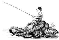 a drawing of a boy fishing on a log in the water while sitting on it