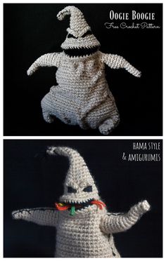 two crocheted stuffed animals with arms and legs, one in the shape of a ghost