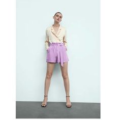 Brand New , Size Xs Chic Wide Leg Shorts For Day Out, Zara Purple Bottoms For Spring, Spring Purple Zara Bottoms, Purple Bottoms For Summer Workwear, Purple Summer Workwear Bottoms, Chic Purple Bottoms For Day Out, Trendy Beige Shorts For Spring, Feminine Relaxed Fit Summer Bottoms, Chic Relaxed Fit Shorts For Spring