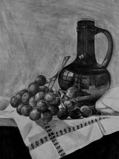 a still life drawing of grapes and a pitcher on a table cloth with a checkered napkin