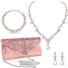 PRICES MAY VARY. Nice and Considerate Combination: you will receive 1 piece of pear shaped drop necklace, 1 piece of glitter sequins envelope handbag, 1 piece of floral cluster wave crystal bracelet bangle and 1 pair of crystal dangle earrings, a total of 4 pieces; The complete set can satisfy your dressing up needs at weddings, parties, evening night, Christmas gifts for new year, graduation party Reliable Material Selection: these wedding jewelry sets for women are made of alloy with artificia Elegant Rhinestone Jewelry Sets For Party, Elegant Pink Rhinestone Jewelry Set, Elegant Sparkling Jewelry Sets For Party, Sparkling Crystal Jewelry Sets For Party, Gold Sparkling Jewelry Sets For Party, Pink Jewelry Sets For Valentine's Day Party, Glamorous Sparkling Jewelry Sets For Party, Pink Rhinestone Jewelry Set For Party, Crystal Wedding Necklace