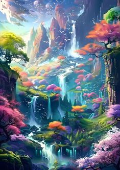 an image of a waterfall with trees and flowers