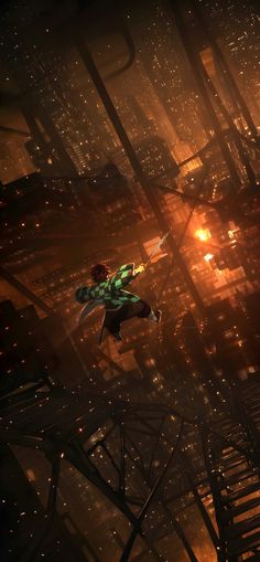 a sci - fi character flying through the air in front of a city at night