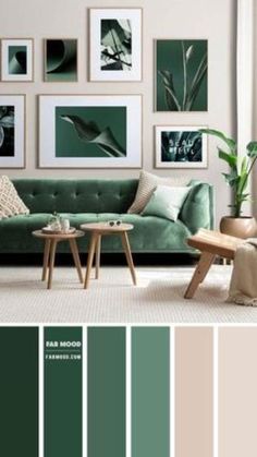 a living room with green furniture and pictures on the wall above it's couch