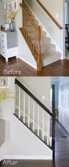 the before and after photos of a stair case in a house with white walls, wood floors