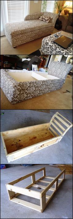 two pictures showing the process of making a couch out of pallets and plywood