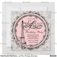 the paris baby shower is shown in pink and gray with pearls around it, as well as an eiffel tower