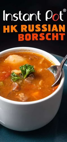 a white bowl filled with soup on top of a blue table