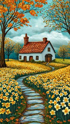 a painting of a house in the middle of flowers