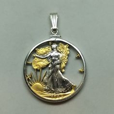 This beautiful Walking Liberty Half Dollar (minted between 1916-1947) has been cut out and its design enhanced with 24K gold and Rhodium plating. It can be purchased with a sterling silver bezel, ready to be hung on a chain or without as a medallion. Want the gold and the rhodium plating changed up a bit? Shoot me a message and we can work to get what your looking for. It is certainly a unique gift that would be remembered. Please note that due to the fact each coin is genuine and hand cut, there may be some variation from the picture.   If you have a special coin that you are looking for, please do not hesitate to contact me as I love to do custom too. Silver Quarters, Coin Ring, Half Dollar, Coin Jewelry, Coin Necklace, Necklace Pendant, Handmade Silver, Rhodium Plated, The Gold