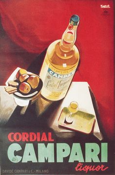 a painting of a bottle of cordial campari next to a bowl of olives