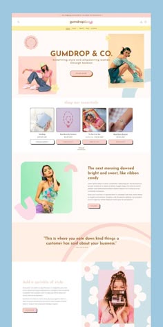 the website design for gumdrop & co is shown in pink, blue and yellow