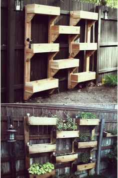 an outdoor shelf made out of wooden pallets with plants growing on top and below