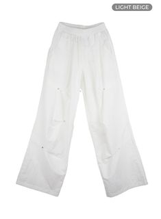 stud-banded-nylon-wide-leg-pants-cg409 / Light beige White Nylon Long Pants, Stretch Nylon Wide-leg Parachute Pants, White Nylon Athleisure Pants, White Nylon Bottoms With Pockets, White Nylon Bottoms With Elastic Waistband, White Nylon Pants With Pockets, Stretch Nylon Parachute Pants With Side Pockets, White Nylon Pants For Spring, White Nylon Parachute Pants For Summer