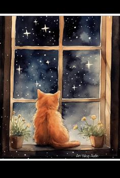 an orange cat sitting on top of a window sill looking out at the stars