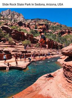 a woman jumping into the water from a cliff in sedona, arizona usa