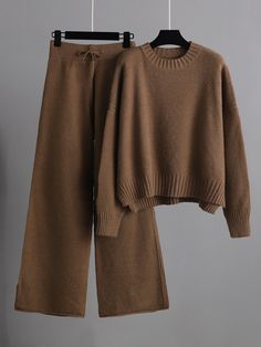 Urban Loose Long Sleeves Solid Color Round-Neck High-Low Sweater Tops  &  Wide Leg Pants Suits  COFFEE-One_size Wide Leg Pant Suit, Outfit Autumn, Work Pants Women, Loose Fit Sweater, Outfit Halloween, Casual Chique, Sweater Tops, Easy Trendy Outfits, Dress Suit