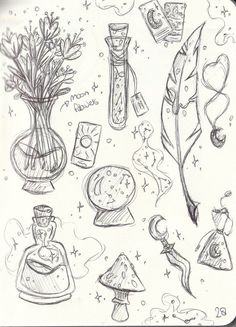 this is a drawing of various items that are in the shape of a pen and ink