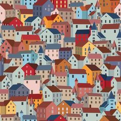 a colorful city with lots of houses on the top and bottom floors, all in different colors