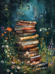 a painting of a stack of books sitting in the middle of a field with daisies and wildflowers