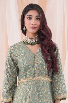 Aqua jade green peplum top with floral patterns, tasseled placket and placed pearl, cutdana, sequins and zari zardozi scalloped embroidery. Comes with tiered sharara and sequin spread dupatta. - Aza Fashions Top Sharara Set, Banarasi Brocade, Sharara Set, Fashion App, Jade Green, Floral Patterns, Set For Women, Top Pattern, Aza Fashion