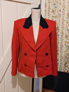 Pretty red and black classic vintage blazer with great details Fits like a S/M but I can send measurements if needed Beauty brand Red Fitted Blazer For Career, Retro Red Long Sleeve Blazer, Retro Workwear Blazer With Buttons, Tailored Red Career Blazer, Vintage Blazer With Suit Collar For Office, Red Tailored Blazer For Career, Tailored Red Blazer For Career, Classic Red Blazer, Classic Red Blazer With Buttons