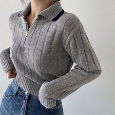 Polo Collar Half Zip Up Sweater Versatile Long Sleeve Ribbed Sweater, Stretch Long Sleeve Gray Sweater, Gray Long Sleeve Sweater For Spring, Versatile Long Sleeve Sweater With Ribbed Collar, Half Zip Up Sweater, Slytherin Clothes, Long Sleeve Style, Gray Light, Vintage Casual