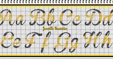 a cross stitch pattern with the letters and numbers in yellow, black and white colors