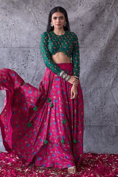 Shop for Shachi Sood Pink Dupion Silk Floral Print Skirt And Embroidered Blouse Set for Women Online at Aza Fashions Mehendi Outfits For Bride, Outfits For Bride, Round Skirt, Mehendi Outfit, Western Dresses For Women, Mehendi Outfits, Printed Long Skirt, Indo Western Dress, Dupion Silk