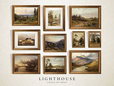 a set of nine framed paintings depicting various landscape scenes