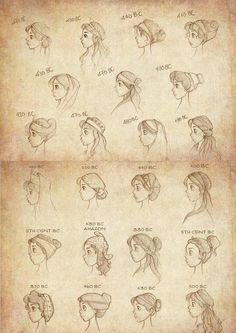 an old paper with some drawings on it showing different hairstyles and how to draw them